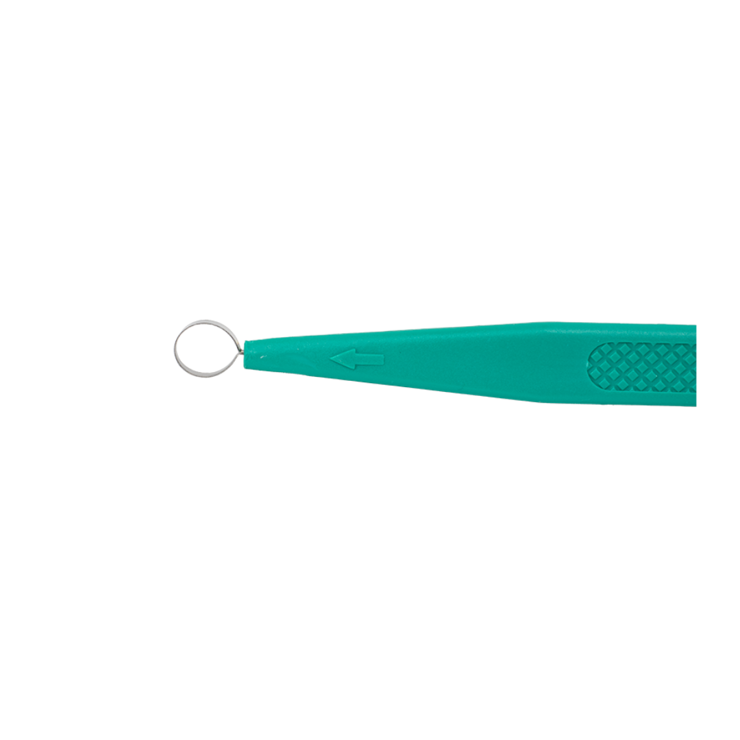 A close-up of a green plastic Dynarex CurPro Dermal Curette with a metal loop tip is shown against a white background.
